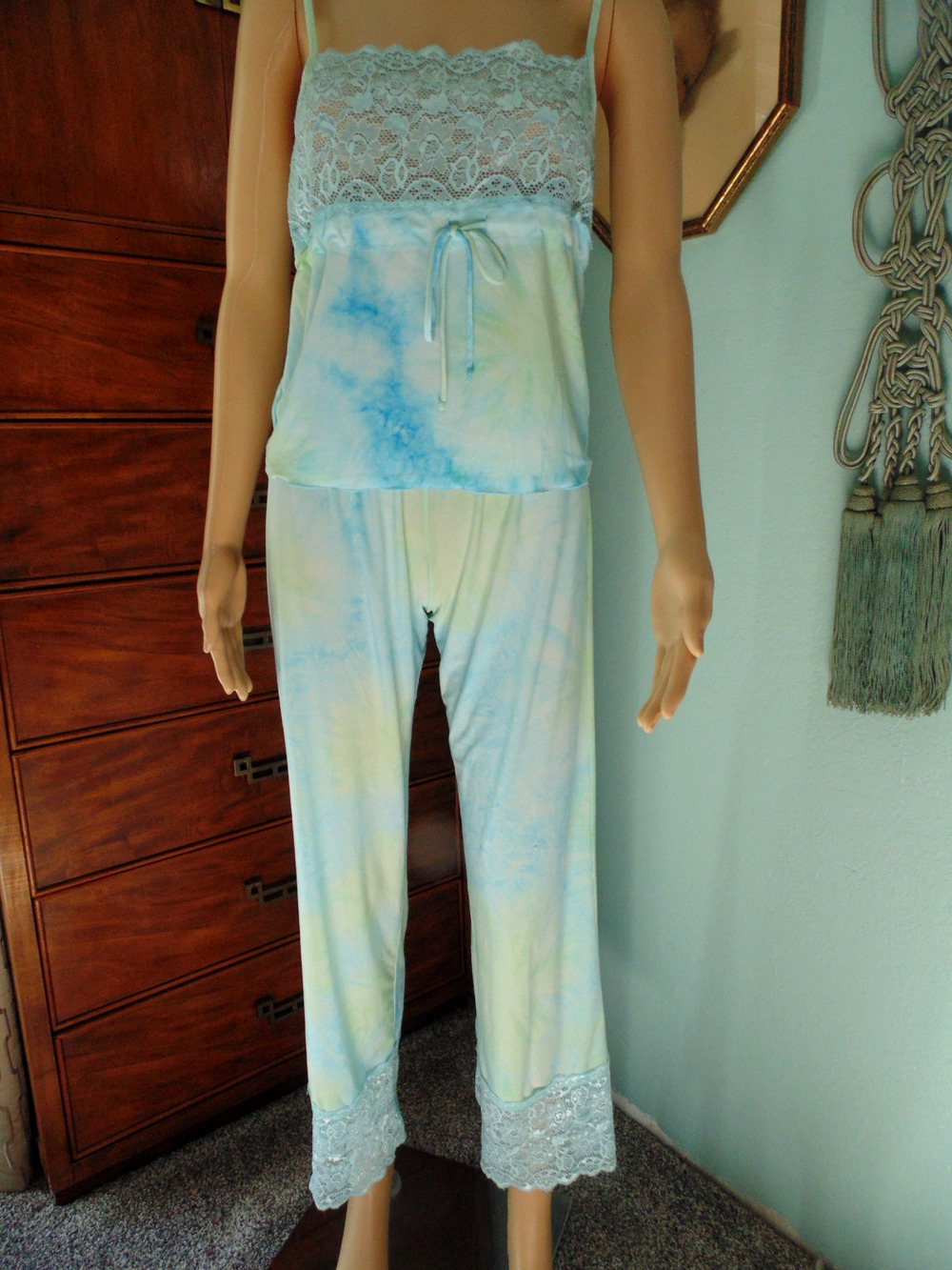 Vtg Bisou Bisou Womens 2pc Pajama set XS Pants M Tank Pastel Blue Soft Boho Lace